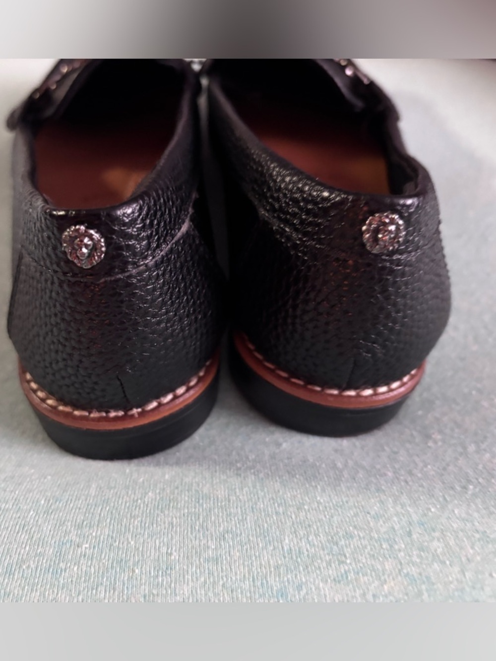 Anne Klein Black Pebbled Leather Loafers with Silver Hardware. - Picture 3 of 6